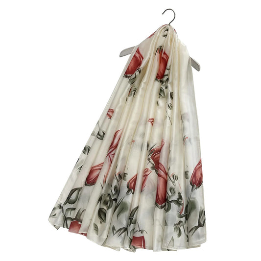 Potlač kvetu ruže, krémová, 100% hodvábna šatka, 90 x 180 cm