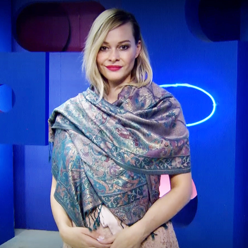 Šál-šatka zo 100% Pravého Pashmina Kašmíru, 70 cm x 180 cm, Lesklý zeleno modrý kašmírový vzor 7 