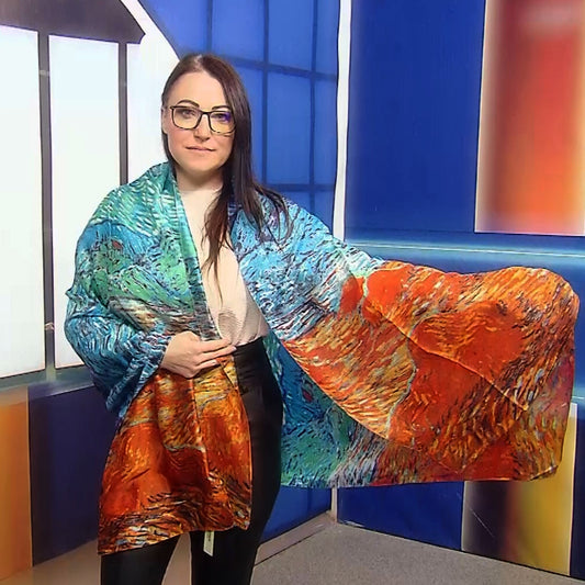 Šál-šatka zo 100% Pravého Hodvábu, 90 cm x 180 cm, Impresionistický západ slnka
