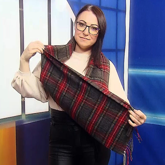 Šál zo 100% Pravé Vlny, 30 cm x 165 cm, Vínový a šedozelený vzor