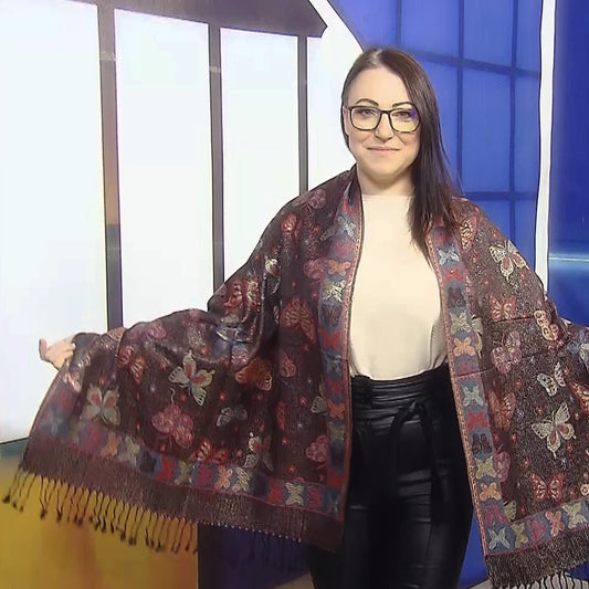 Šál-šatka zo 100% Pravého Pashmina Kašmíru, 70 cm x 170 cm, Lesklá čierna farba s motýľom vzorom