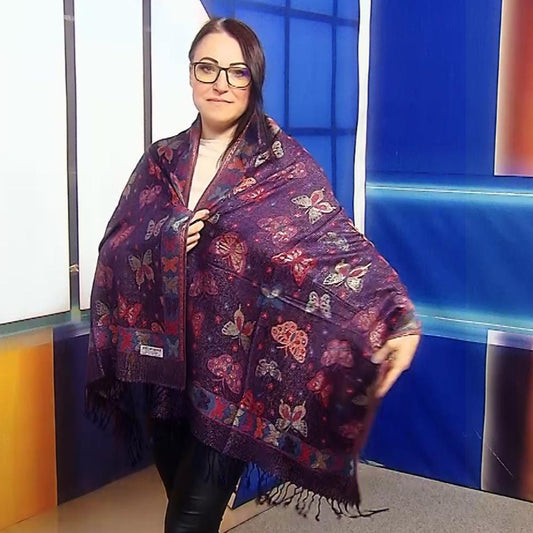 Šál-šatka zo 100% Pravého Pashmina Kašmíru, 70 cm x 170 cm, Lesklá tmavo modrá farba s motýľom vzorom