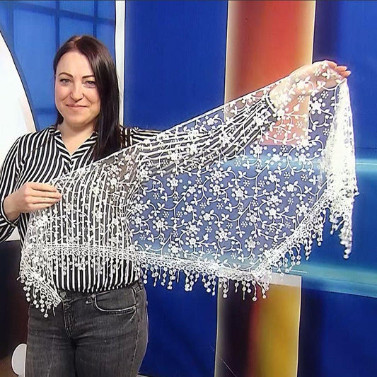 Trojuholníkový Šál-šatka s Trblietavým kvetinovým vzorom, 45 cm x 45 cm x 170 cm, Biela farba - KlenotTV.sk