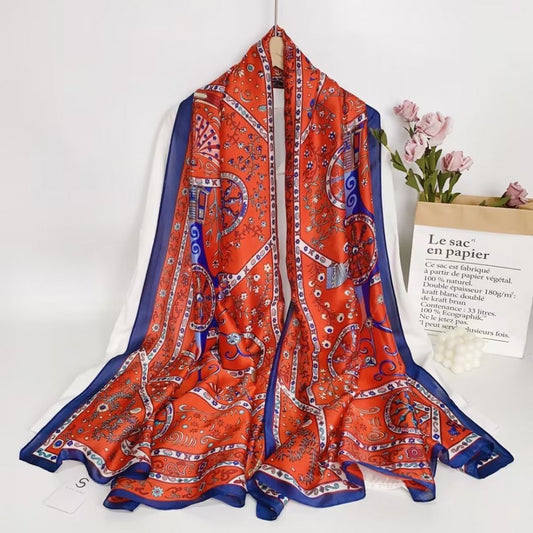 Hodvábna šatka, 90 cm x 180 cm, Porastená kvetmi a rastlinami, červená farba, 100% hodváb