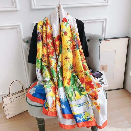 Hodvábna šatka, 90 cm x 180 cm, Graffiti kvety, žltá, 100% hodváb