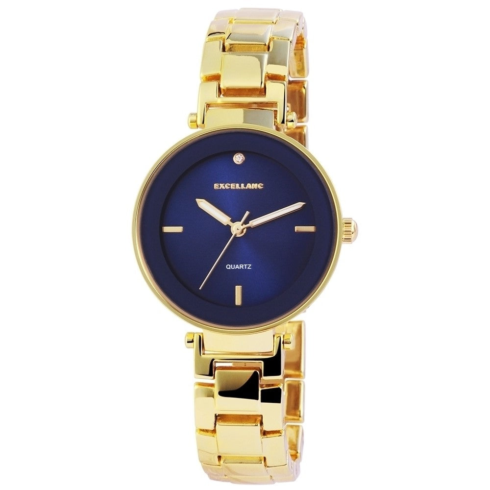 Dámske náramkové hodinky Excellanc s kovovým remienkom, zlatá farba, kvalitná quartzová konštrukcia, modrý ciferník