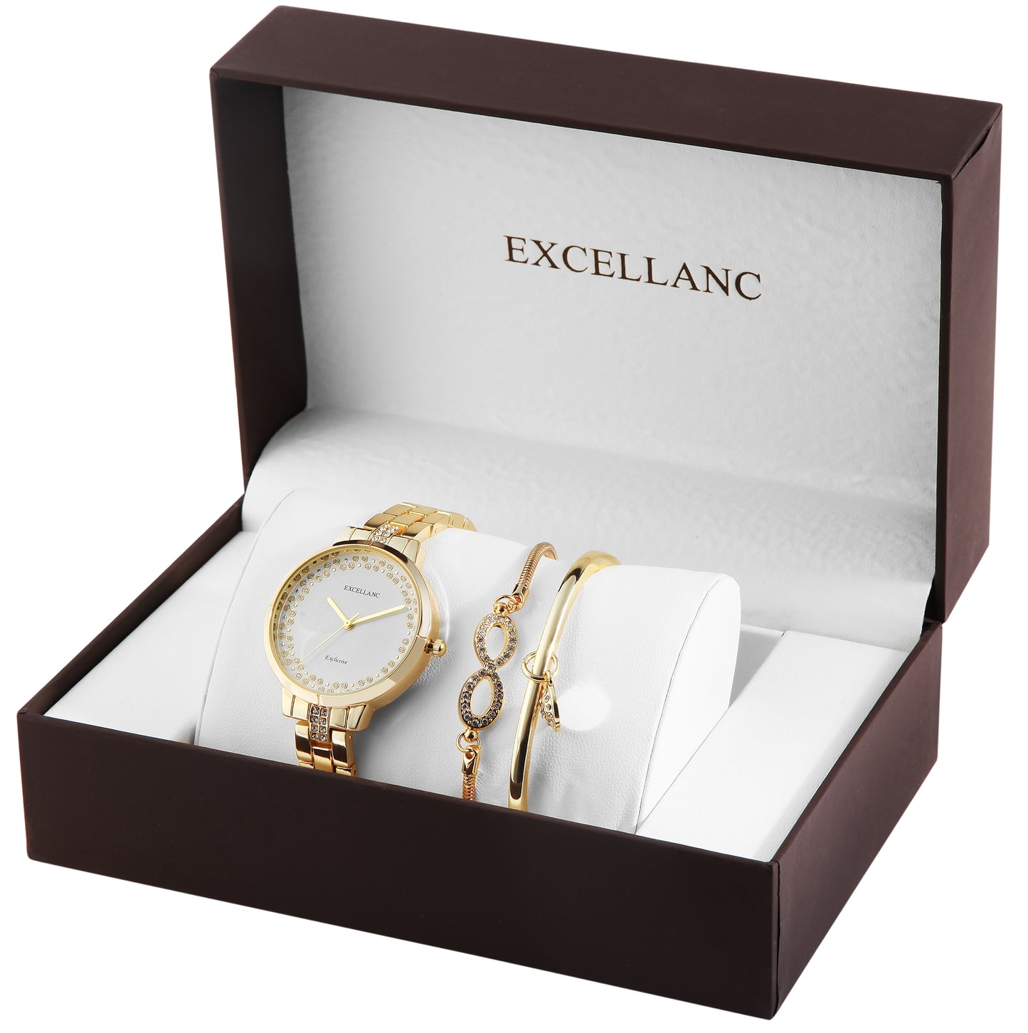 Excellanc darčekový set hodiniek: dámske hodinky + 2 náramky, zlatý tón, zlatá farba, vysoko kvalitný kremenný mechanizmus, ciferník v bielej farbe