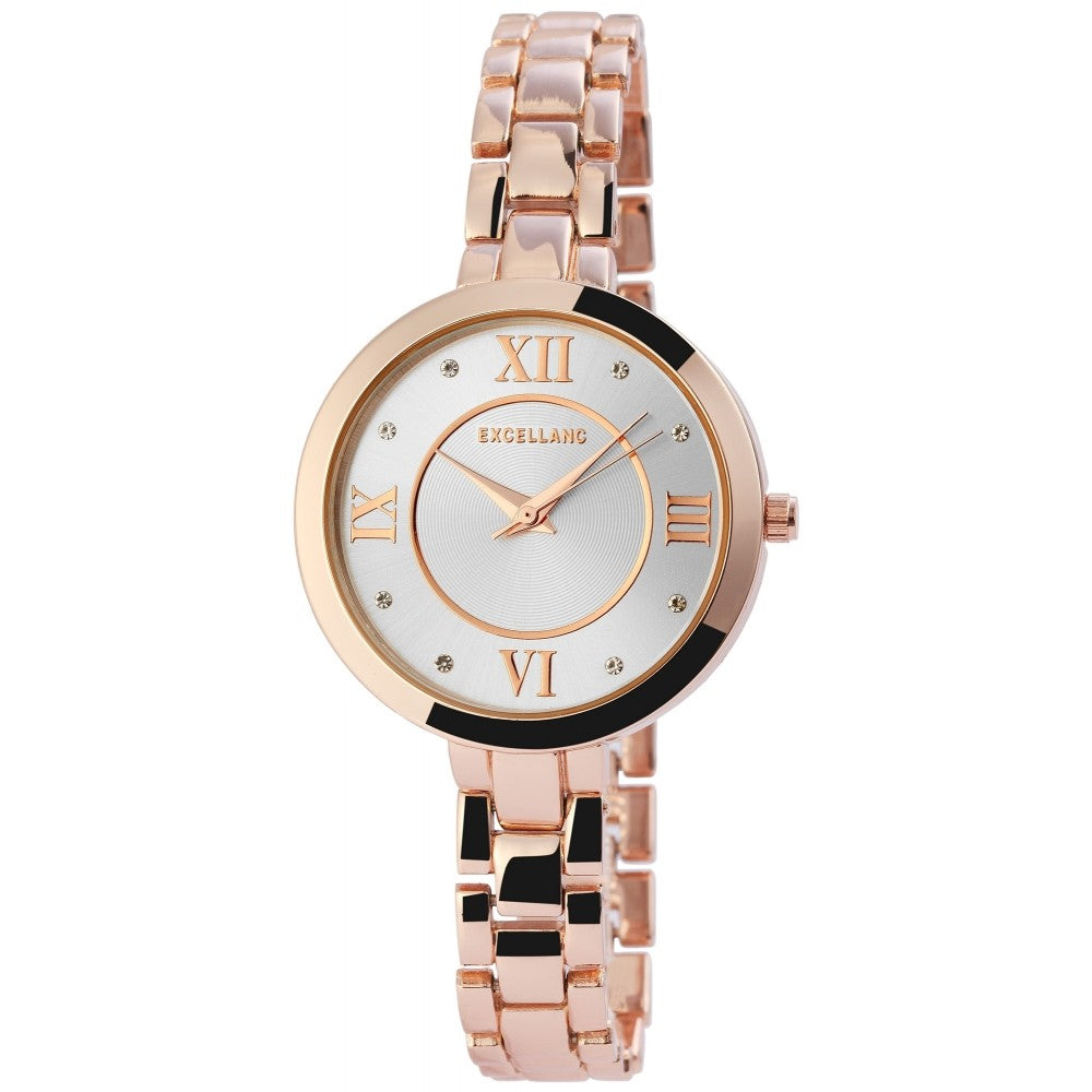 Dámske náramkové hodinky Excellanc, farba ružového zlata, japonská quartzová konštrukcia, strieborná farba ciferníka