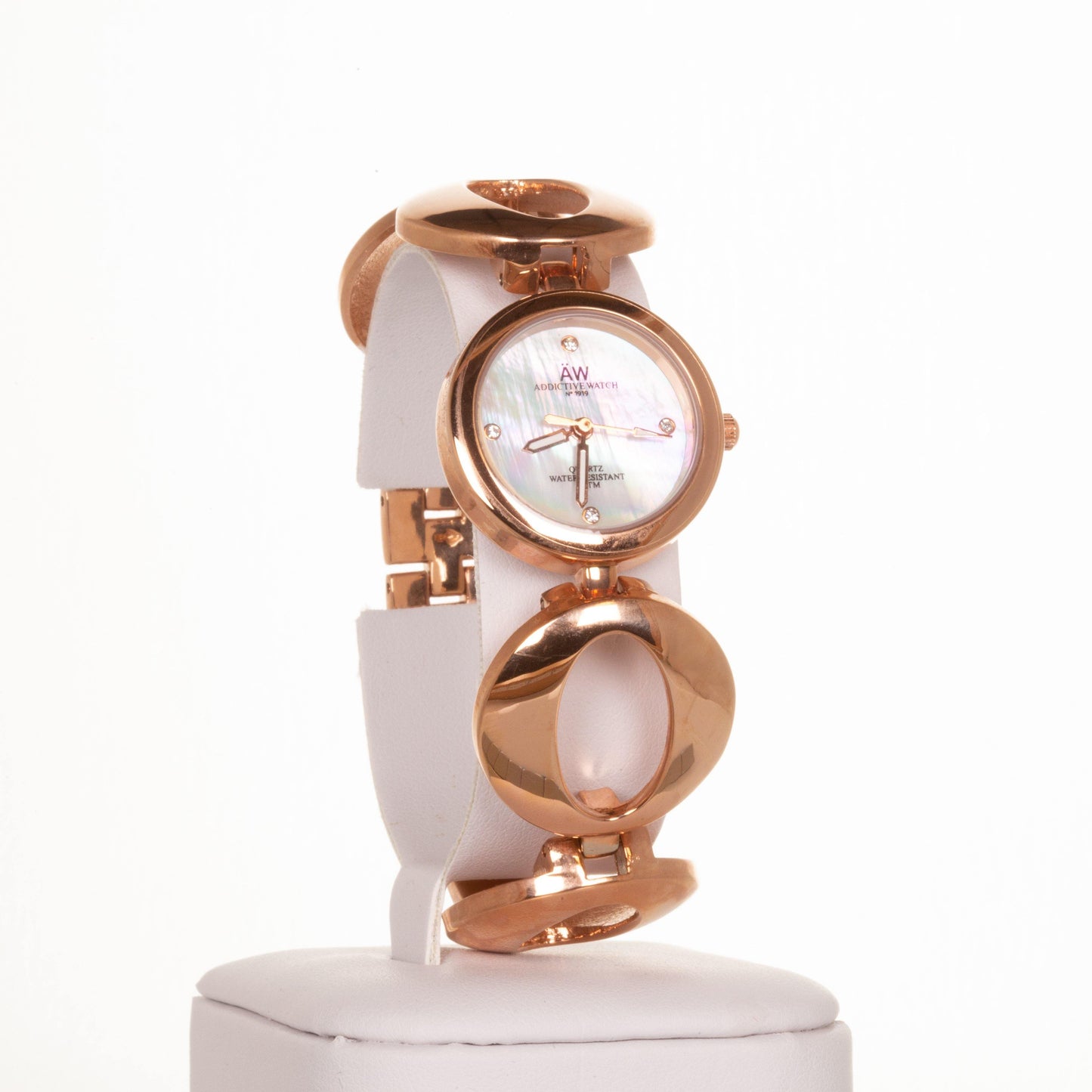 AW dámske hodinky vo farbe ružového zlata s remienkom so symbolom nekonečna a 4 kryštálmi kremeňa - KlenotTV.sk