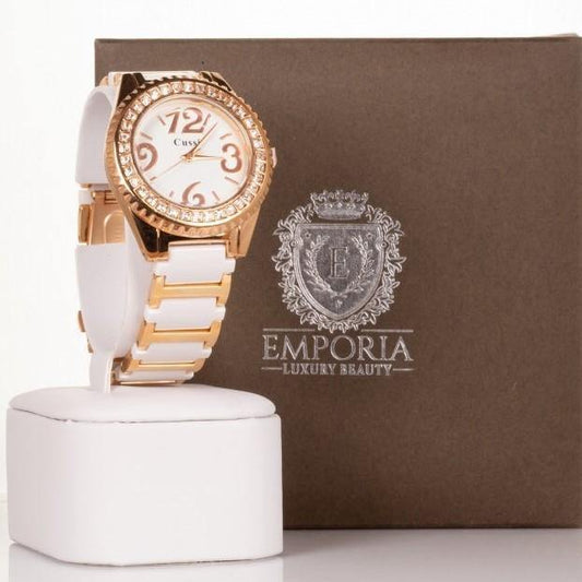 CUSSI dámske hodinky vo farbe ružového zlata s bielym remienkom a kryštálmi kremeňa okolo ciferníka - KlenotTV.sk