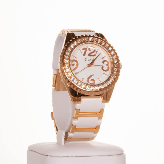 CUSSI dámske hodinky vo farbe ružového zlata s bielym remienkom a kryštálmi kremeňa okolo ciferníka - KlenotTV.sk