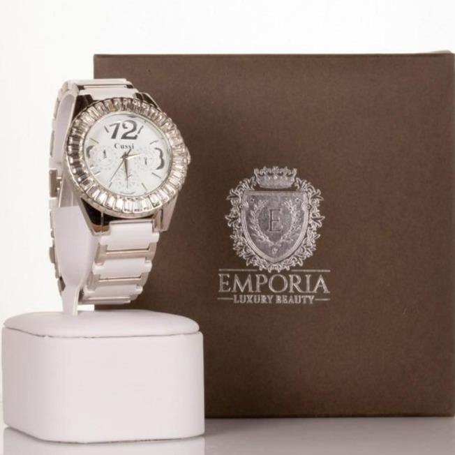 CUSSI dámske hodinky v striebornej farbe s bielym remienkom a s kryštálmi kremeňa okolo ciferníka - KlenotTV.sk