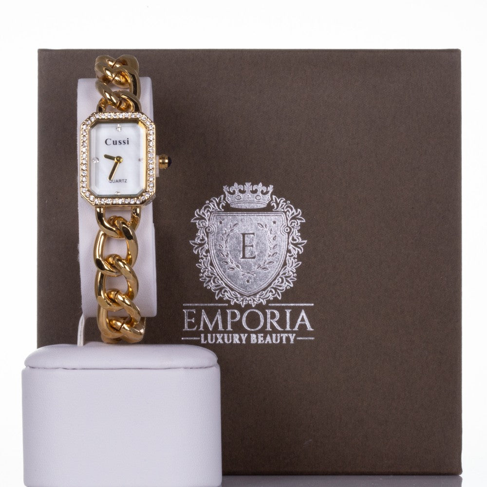 YELLOW GOLD, woman alloy CUSSI watch with quartz crystals + crystals around the dial, chain strap with Gift box 1 