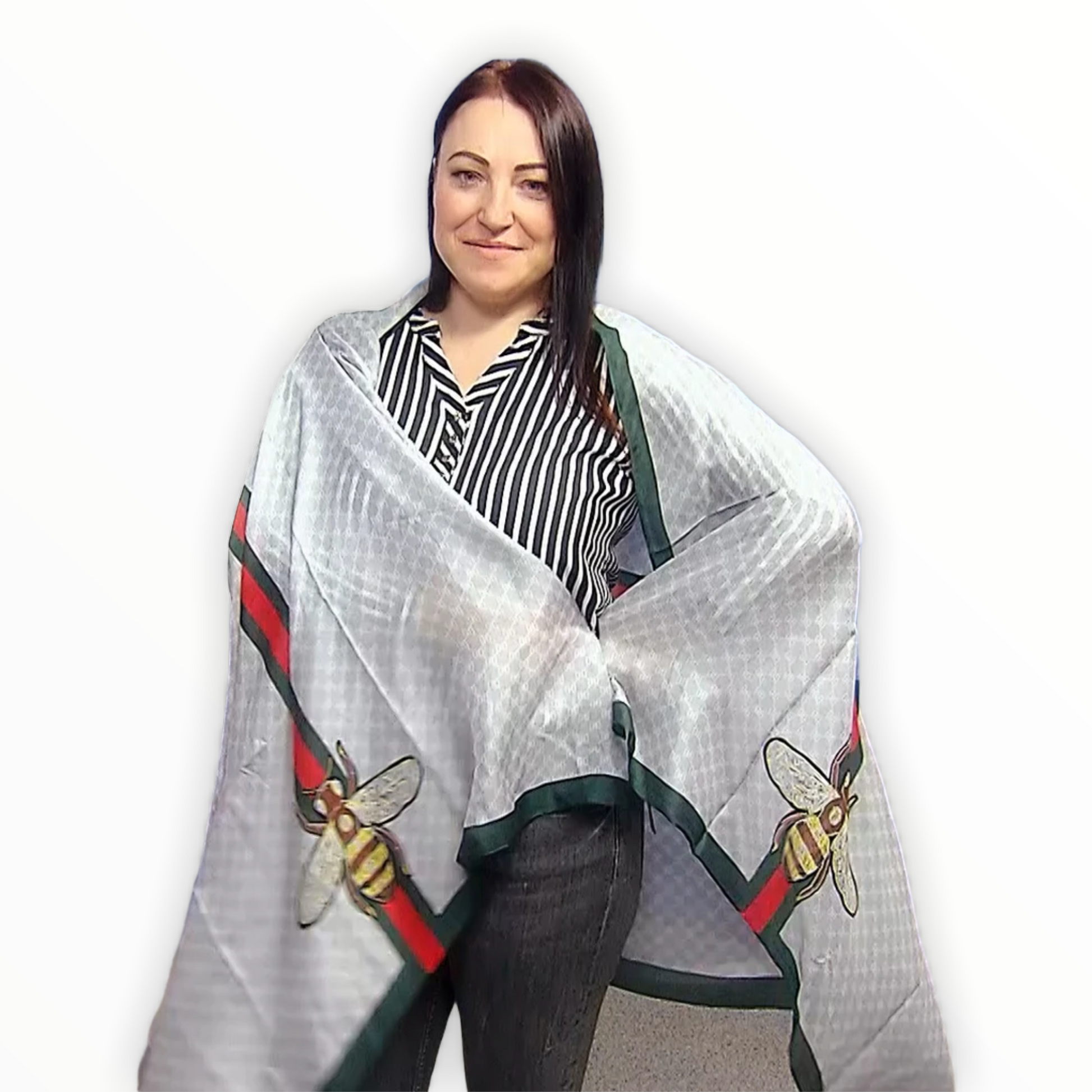 Hodvábny šál-šatka, 90 cm x 180 cm, Včelí vzor, Strieborne sivá 2 Hodvábny šál-šatka, 90 cm x 180 cm, Včelí vzor, Strieborne sivá - KlenotTV.sk
