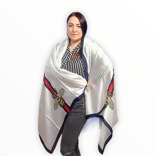 Hodvábny šál-šatka, 90 cm x 180 cm, Včelí vzor, Krémová - KlenotTV.sk