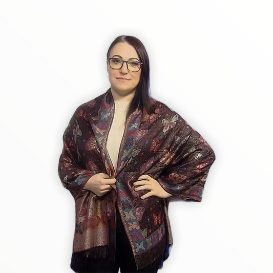 Šál-šatka zo 100% Pravého Pashmina Kašmíru, 70 cm x 170 cm, Lesklá čierna farba s motýľom vzorom