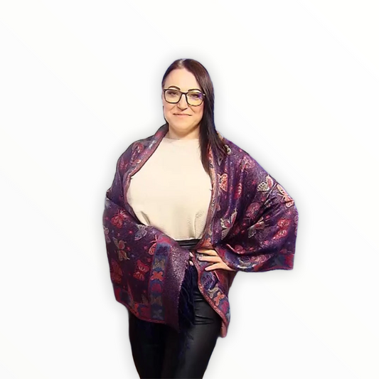 Šál-šatka zo 100% Pravého Pashmina Kašmíru, 70 cm x 170 cm, Lesklá tmavo modrá farba s motýľom vzorom
