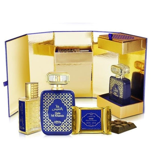 50 ml Eau de Parfum + 20ml Parfémový Olej + 40g Bakhoor Hala Bil Khamis DARČEKOVÉ BALENIE Drevitá-Korenená-Kvetinová Vôňa pre Mužov a Ženy