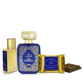 50 ml Eau de Parfum + 20ml Parfémový Olej + 40g Bakhoor Hala Bil Khamis DARČEKOVÉ BALENIE Drevitá-Korenená-Kvetinová Vôňa pre Mužov a Ženy