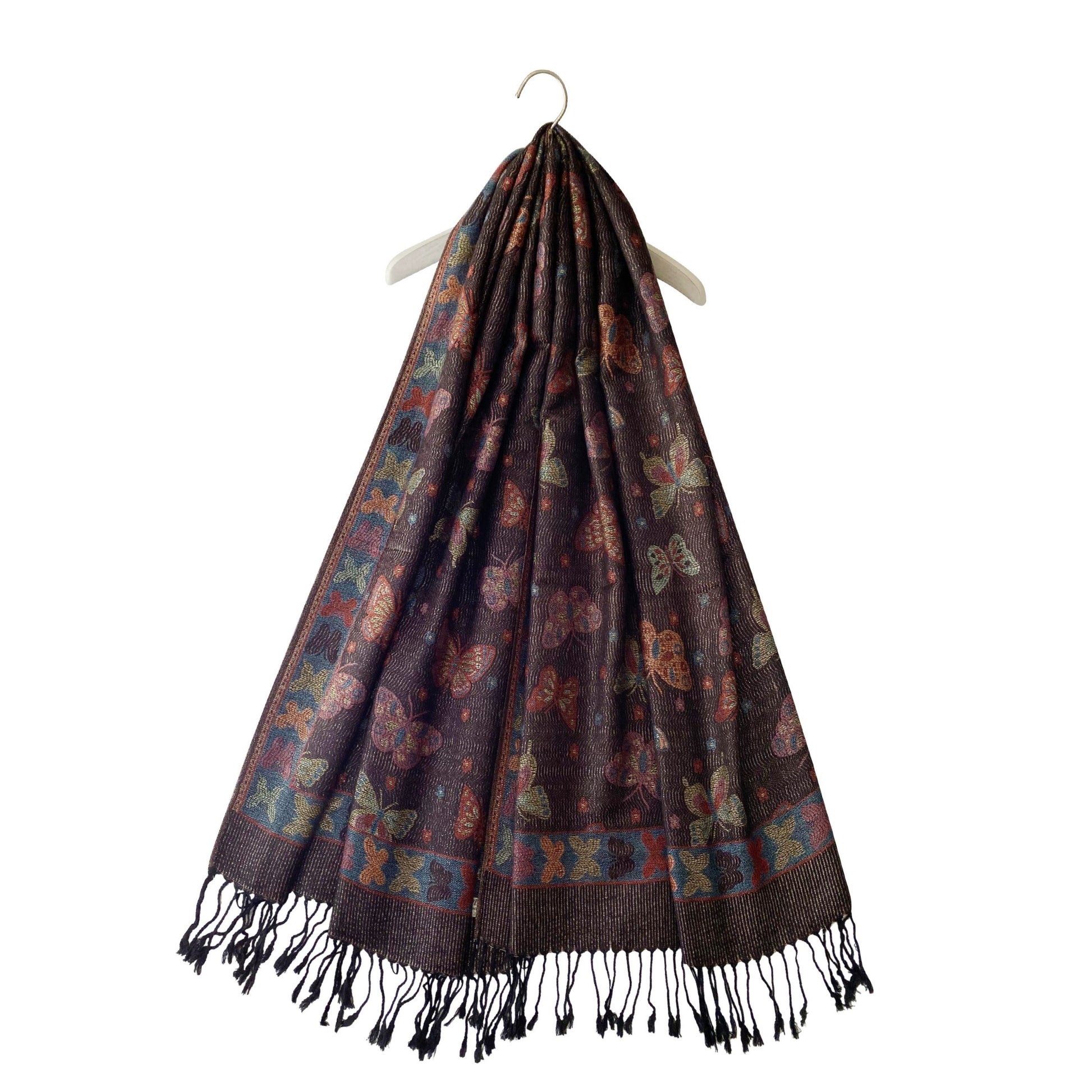 Šál-šatka zo 100% Pravého Pashmina Kašmíru, 70 cm x 170 cm, Lesklá čierna farba s motýľom vzorom 4 