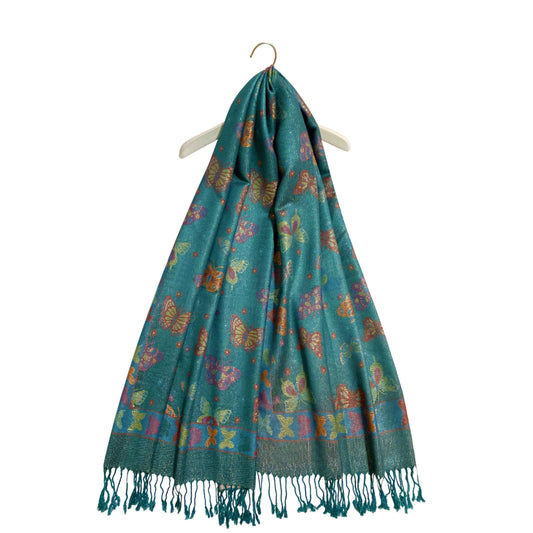 Šál-šatka zo 100% Pravého Pashmina Kašmíru, 70 cm x 170 cm, Zelenomodrá farba s motýľom vzorom