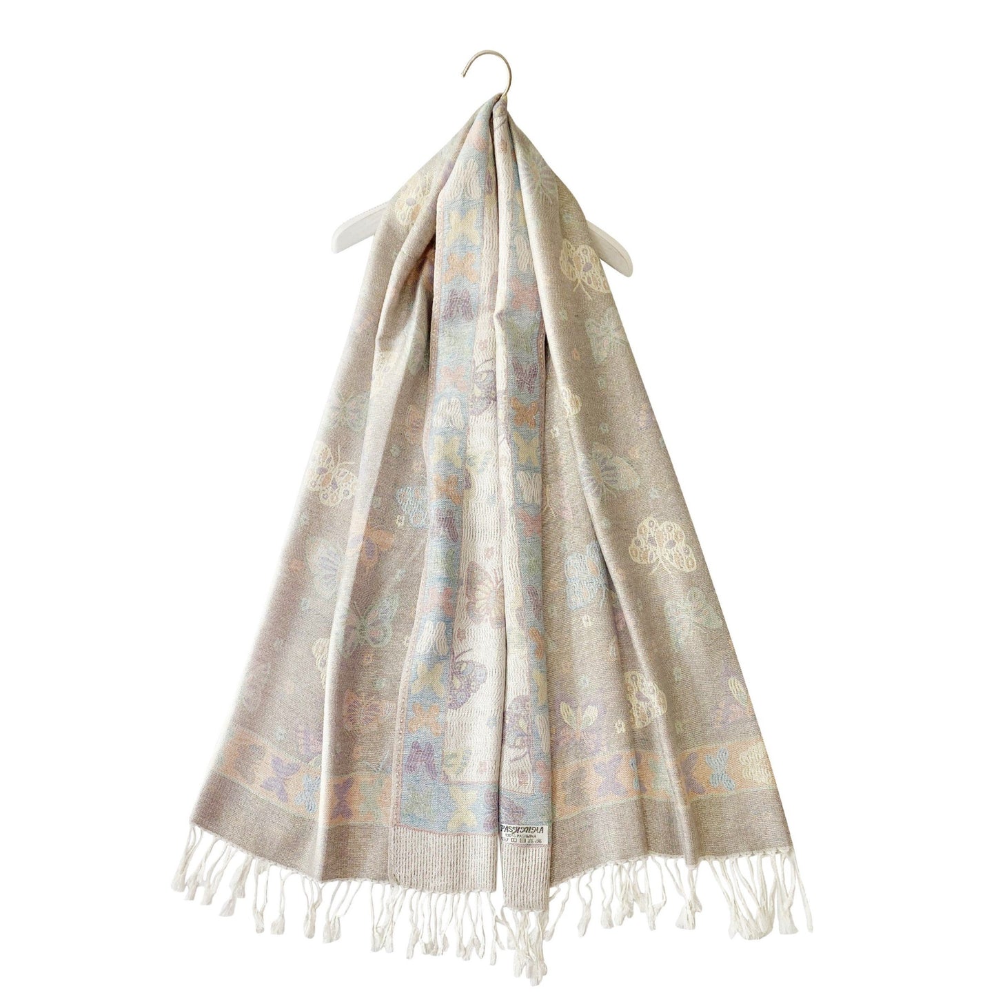 Šál-šatka zo 100% Pravého Pashmina Kašmíru, 70 cm x 170 cm, Lesklá biela farba s motýľom vzorom