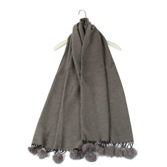 Šál-šatka s Pravou Pom Pom Kožušinou, 60 cm x 170 cm, Sivá