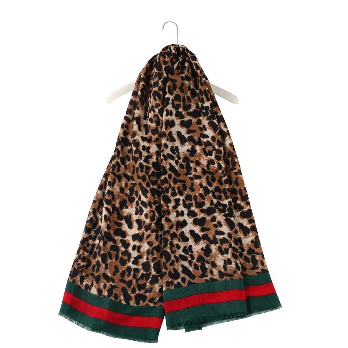 Zimný Šál-šatka 90 cm x 180 cm, Leopardí vzor so zelenými a červenými okrajmi 5 