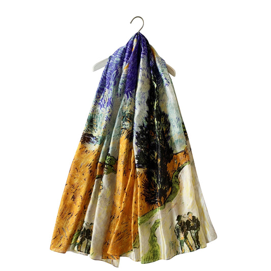 100% Hodvábny Šál, 90 cm x 180 cm, Van Gogh Cyprus a Hviezda