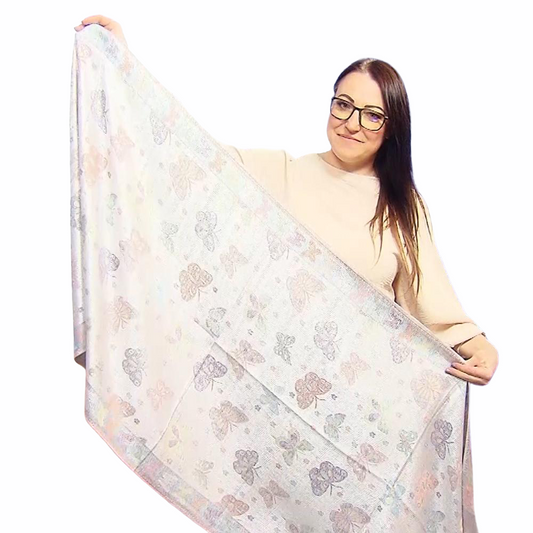 Šál-šatka zo 100% Pravého Pashmina Kašmíru, 70 cm x 170 cm, Lesklá biela farba s motýľom vzorom