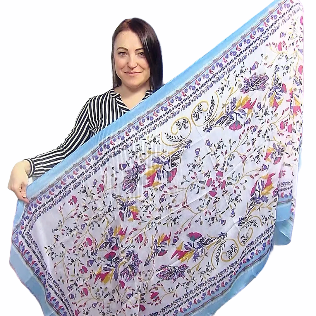 Šál-šatka, 90 cm x 180 cm, Svetlý ľudový kvetinový vzor, modrá 1 Šál-šatka, 90 cm x 180 cm, Svetlý ľudový kvetinový vzor, modrá - KlenotTV.sk