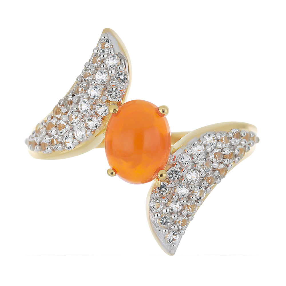 Pozlátený Strieborný Prsteň s Oranžovým Opálom z Lega Dembi a Bielym Topásom
