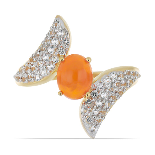 Pozlátený Strieborný Prsteň s Oranžovým Opálom z Lega Dembi a Bielym Topásom