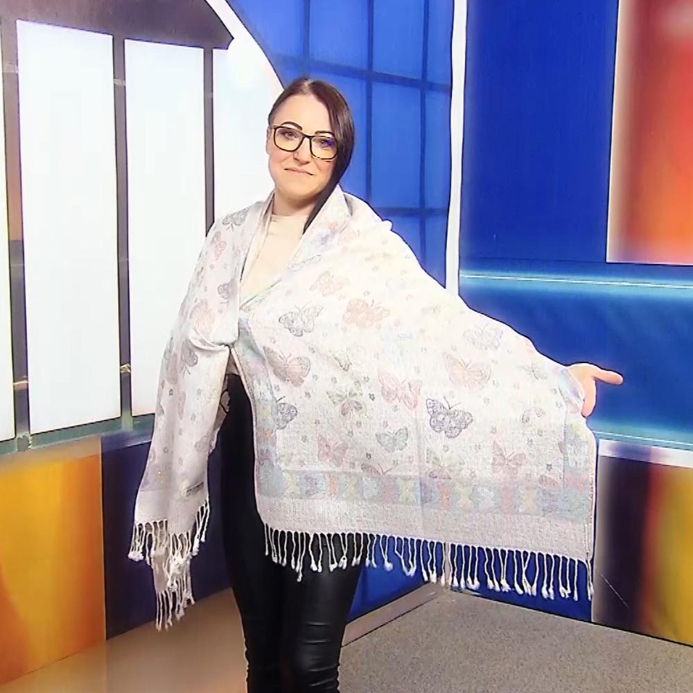 Šál-šatka zo 100% Pravého Pashmina Kašmíru, 70 cm x 170 cm, Lesklá biela farba s motýľom vzorom