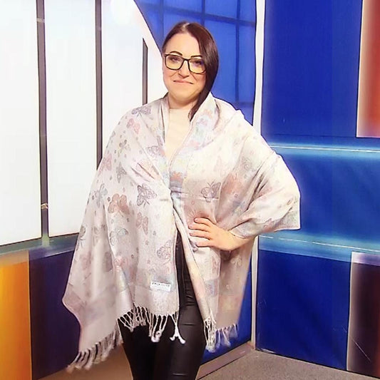 Šál-šatka zo 100% Pravého Pashmina Kašmíru, 70 cm x 170 cm, Lesklá biela farba s motýľom vzorom